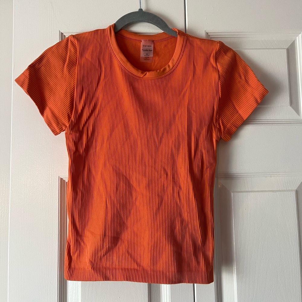 Aritzia Short Sleeve Ribbed Tee in Bright Orange
